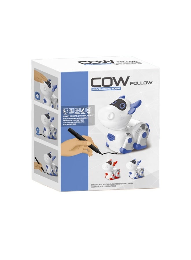 فولو روبوت ذكي على شكل بقرة: تحكم عن بعد بالأشعة تحت الحمراء لحركة خطية، تصميم كرتوني باللونين الأبيض والأزرق، لعبة برمجة للأطفال - Image 1